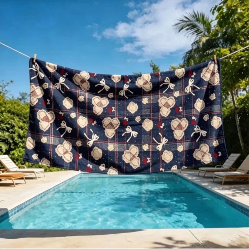 Oversized Microfiber Beach Towel, Navy Blue Floral & Bow Print, Quick Dry Sand Resistant for Summer Pool