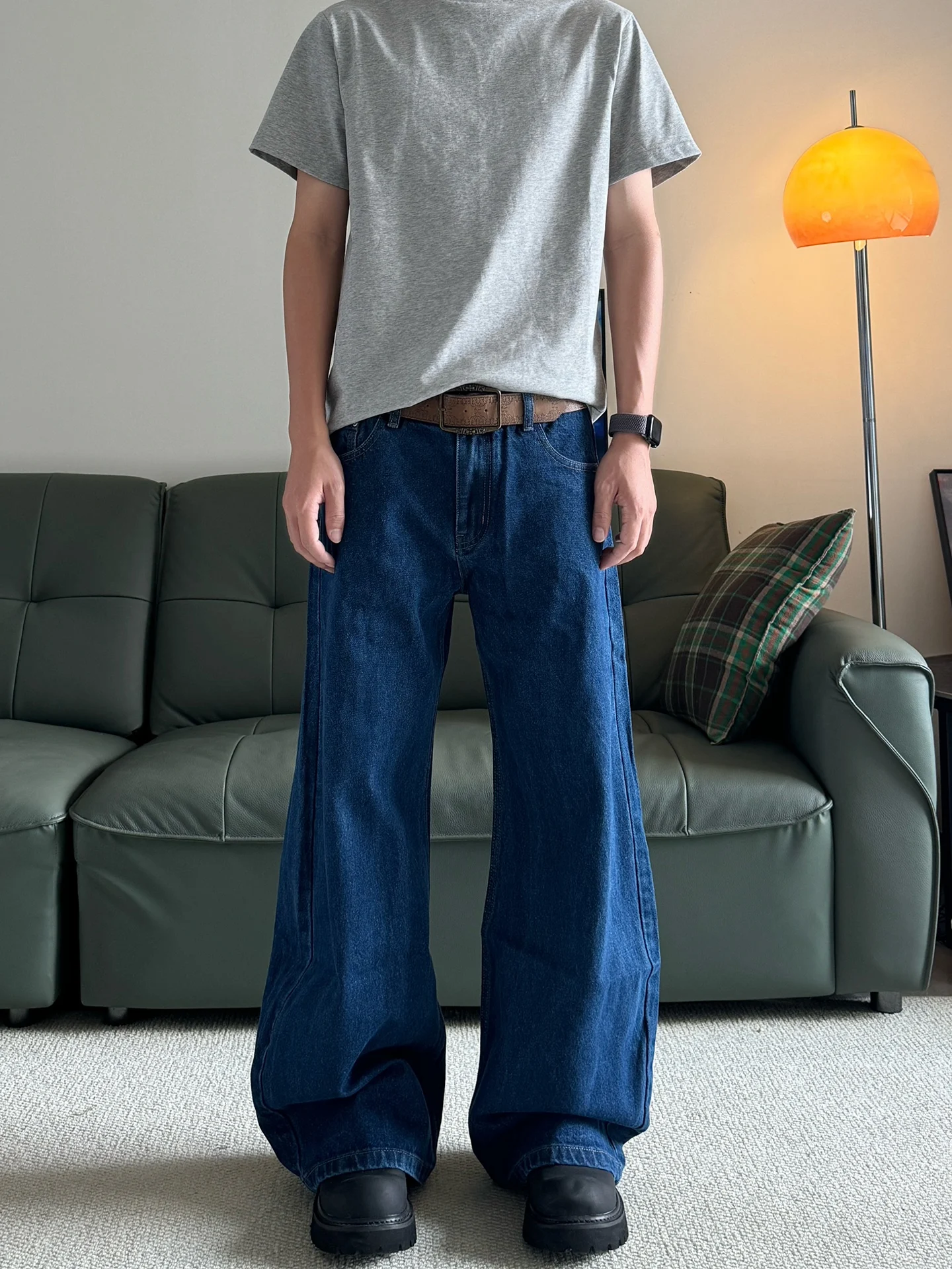 

American Vintage Distressed Original Blue Denim Men's Loose Wide Commute Simple Long Pants Knife Jeans Straight Leg Fit