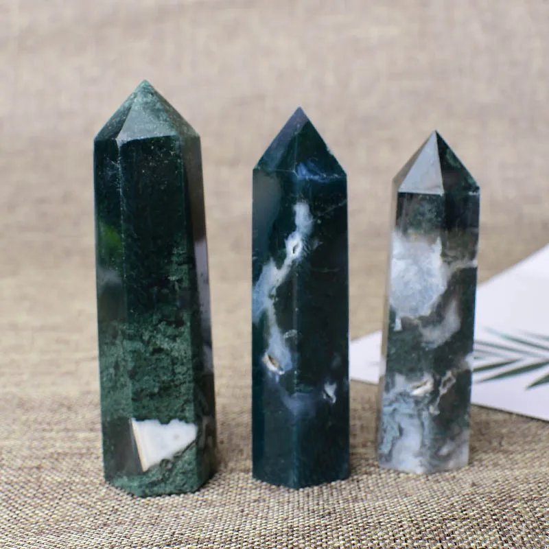 1PC Natural Moss Agate Crystal Point Wand Meditation Healing Stone Home Decoration Reiki Obelisk Tower Beautiful Pyramid Gift