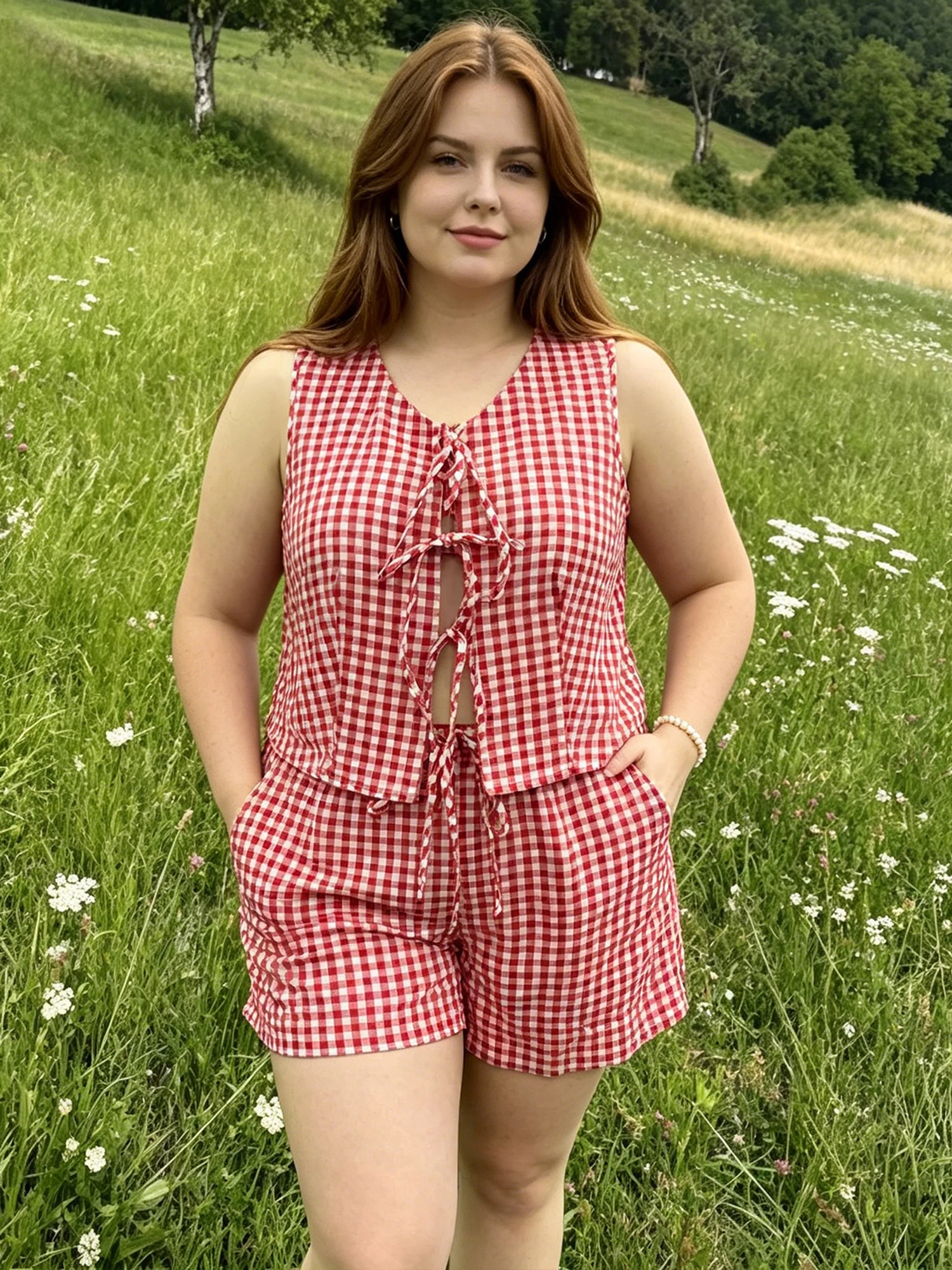 

Women s Plus Size Casual Plaid Bow Tie Front V Neck Sleeveless Top and Shorts Set for a Relaxed Summer Look