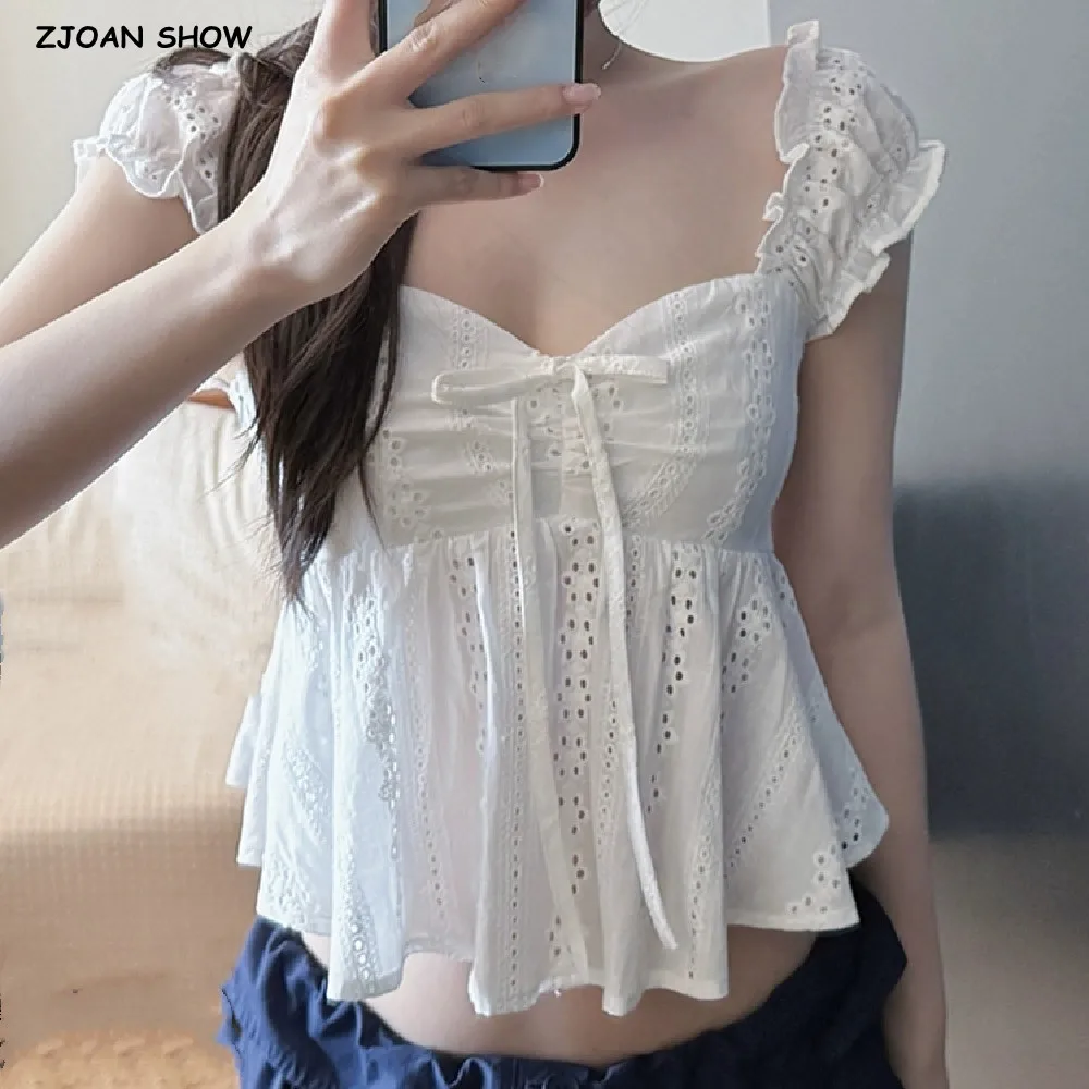 Sweet White Hollow Out Embroidery Hole Bow V neck Wood ears Sleeve Tank Top Women Summer Elastic Back Swing Hem Vest Crop Top
