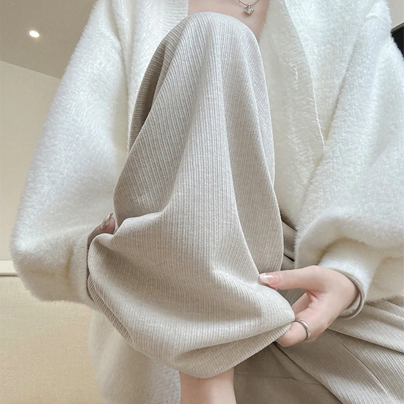 กางเกงไหมพรมถักนุ่มสบายสไตล์ลำลองสำหรับผู้หญิง ใส่ได้ทุกโอกาส ทรงตรงหลวม เรียบง่าย เหมาะกับฤดูใบไม้ร่วงและฤดูหนาว