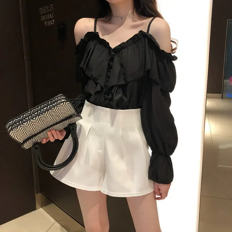 

Fairy Chiffon Shirt Korean V Neck Sling Ruffle Flared Sleeve Blouse Women's Spring and Summer Off Shlouder Casual Loose Crop Top