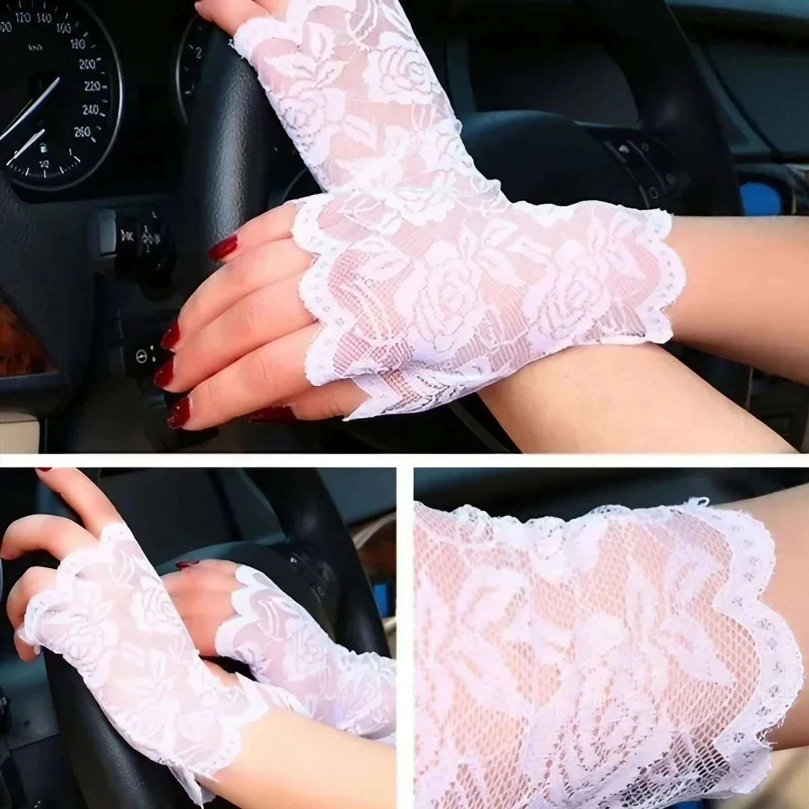 1 paio di guanti senza dita in pizzo da donna, protezione solare, guanti mezze dita per la guida in costume da festa in bicicletta