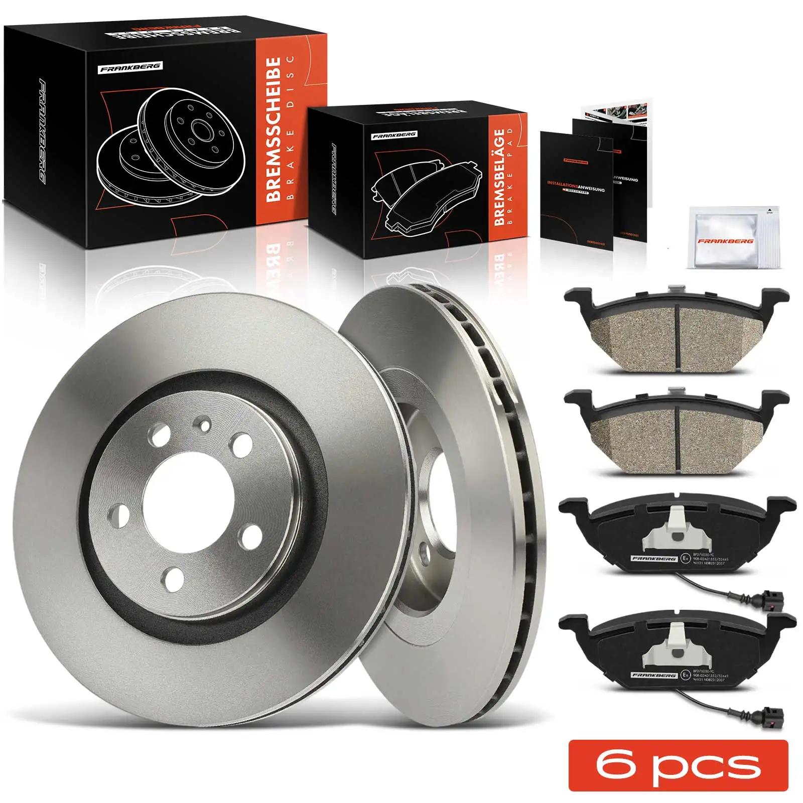 Frankberg 2x Remschijven + 4x Remblokken Vooras Links Rechts voor VW Golf 4 Audi A3 Skoda Octavia 1K0698151G 1J0615301E