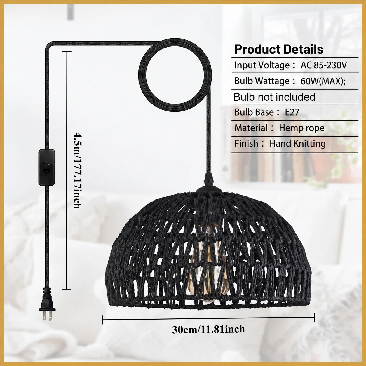 JOYINLED Boho Rattan Wicker Black Suspension Pendant Lamp With On Off Switch Plug in Cord for Hotel Lobby, Porch, Breakfast Nook