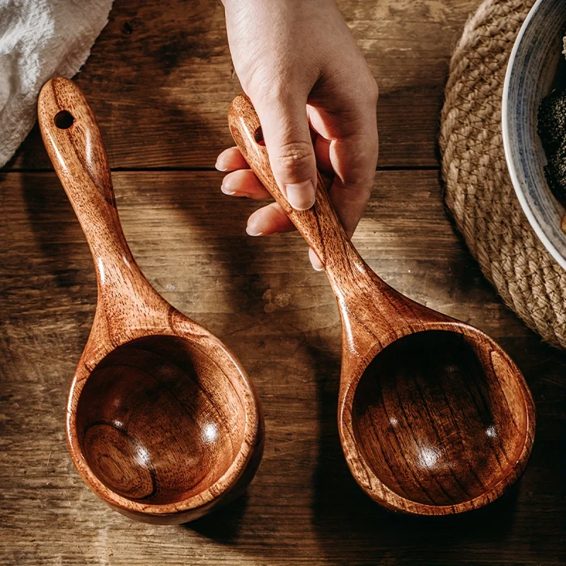 Versatile & Elegant Large Wooden Spoon - Perfect for Scooping, Serving, Measuring Rice, Flour & Soup; Short Handle, Easy Clean