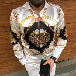 Fashion Luxury Social Men Long Sleeve Shirts Turn-down Collar Buttoned Shirt 2024 Mens Party Clothing Casual Flower Print Tops