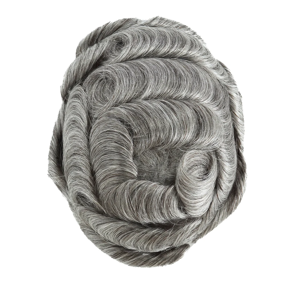 Toupet complet en PU pour hommes, cheveux humains, peau fine, remplacement de cheveux gris, unité de systèmes de prothèse capillaire, 0.06-0.08mm, haute qualité