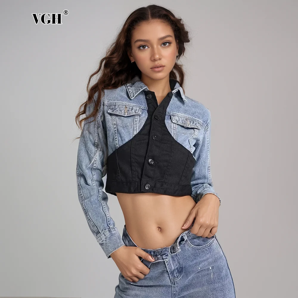 VGH Patchwork Single Breasted Chic Casual Denim Jas Voor Vrouwen Revers Lange Mouw Ontwerp Gevoel Vintage Korte Jas Vrouwelijke Nieuw