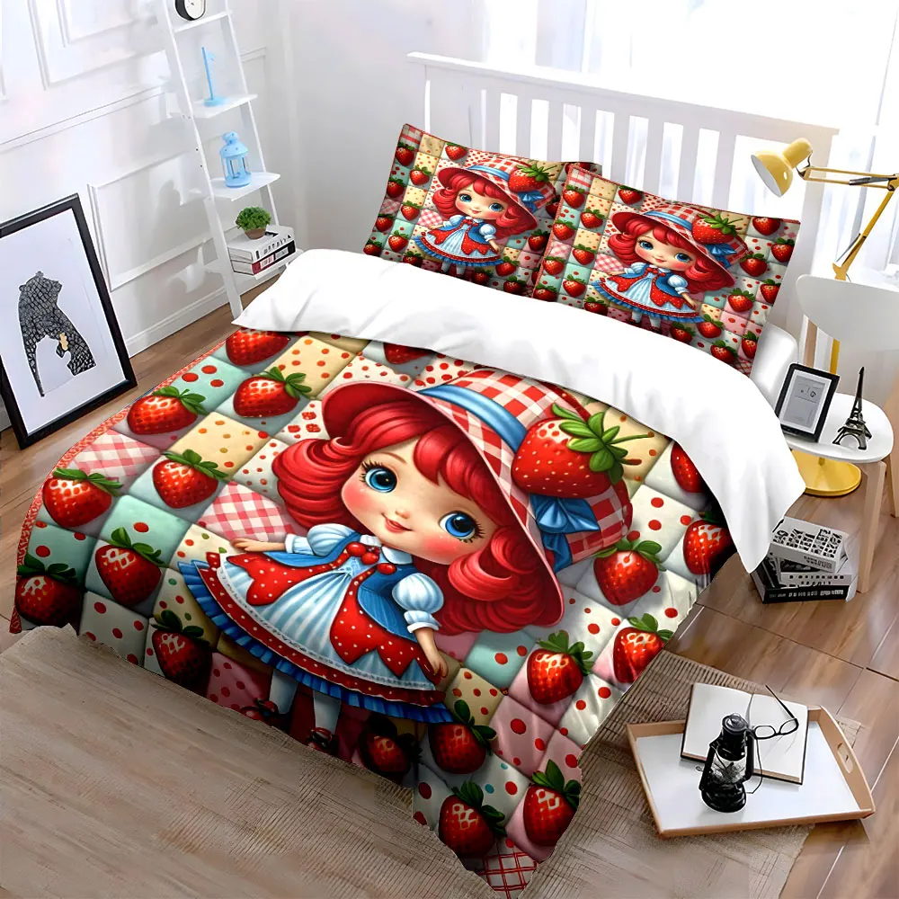 Red-haired doll with strawberry-themed decor Printed Duvet Cover Set1 Duvet Cover+2 PillowcaseMulti Size Bedroom Bedding Decor