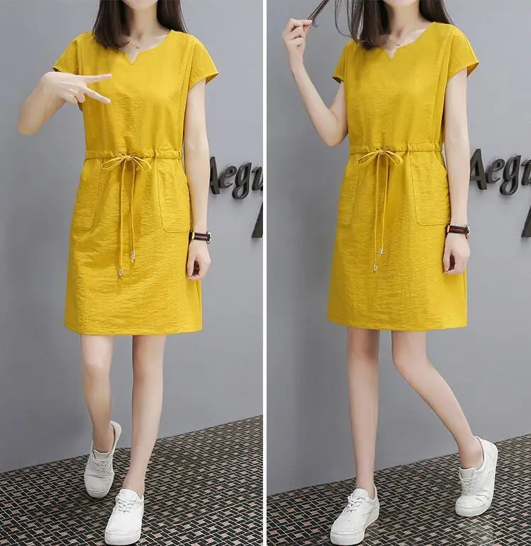 

Women's 2024 Summer New V-Neck Plug Sleeve Dresses Drawstring Skinny Casual Dresses