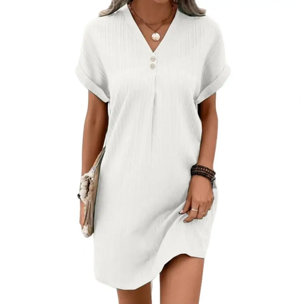 

Women Dress Stylish V Neck Button Mini Dress for Women Daily Wear Solid Color Loose Fit Summer Dress with Short Sleeves V-neck