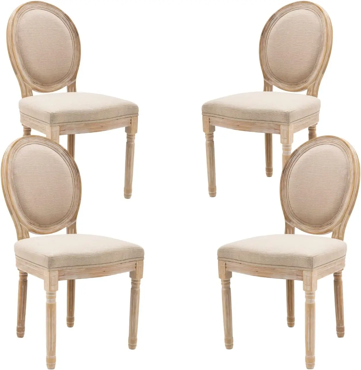 Farmhouse Dining Chairs Set of 4 Upholstered Vintage French Dining Room Chair with Round Back Distressed Wood Beige/4PCS