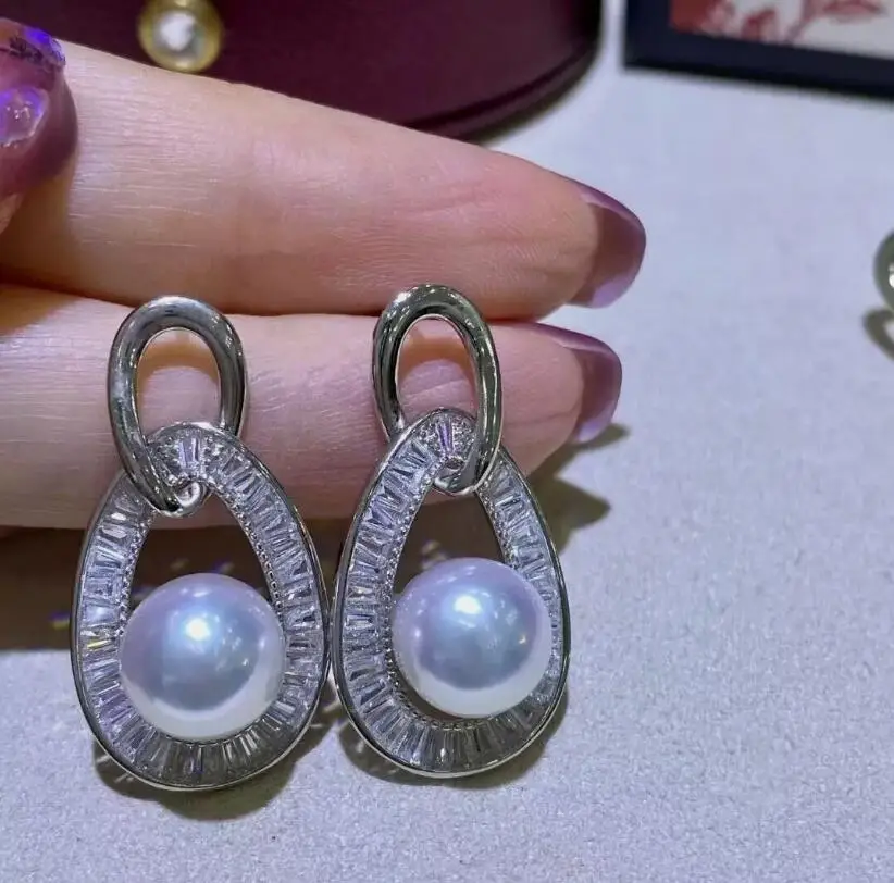 

gorgeous 9-10mm south sea round white pearl dangle earring925s