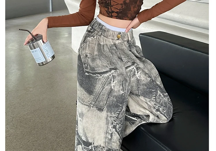 Amerikanischer Stil Mädchen High-Street-Jeans mit Zeitungsaufdruck für Kinder, Gerade, Lose, Weites Bein, Denim-Hosen, Kinder-Y2K-Jeans – Detail 9