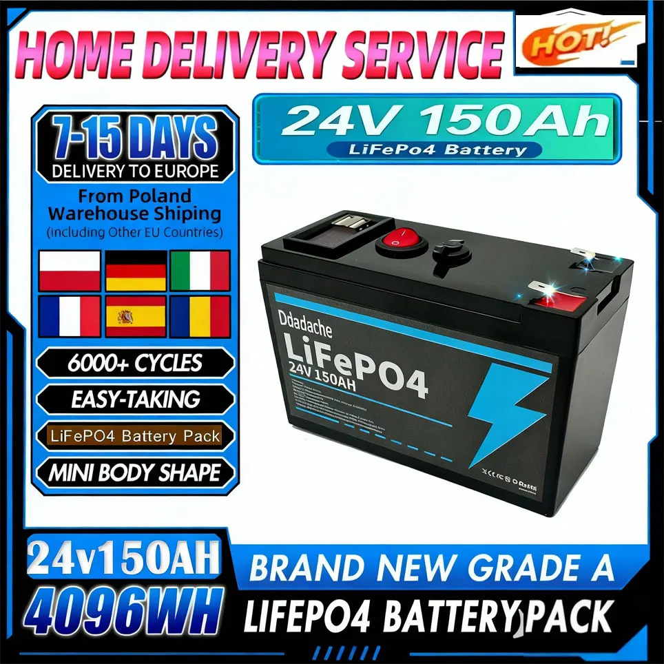 Batterie au lithium LiFePO4 24V 150Ah, plus de 4000 cycles profonds, pour jouets électriques, scooter, radio, UPS, détecteur de poissons pour kayak, panneau solaire