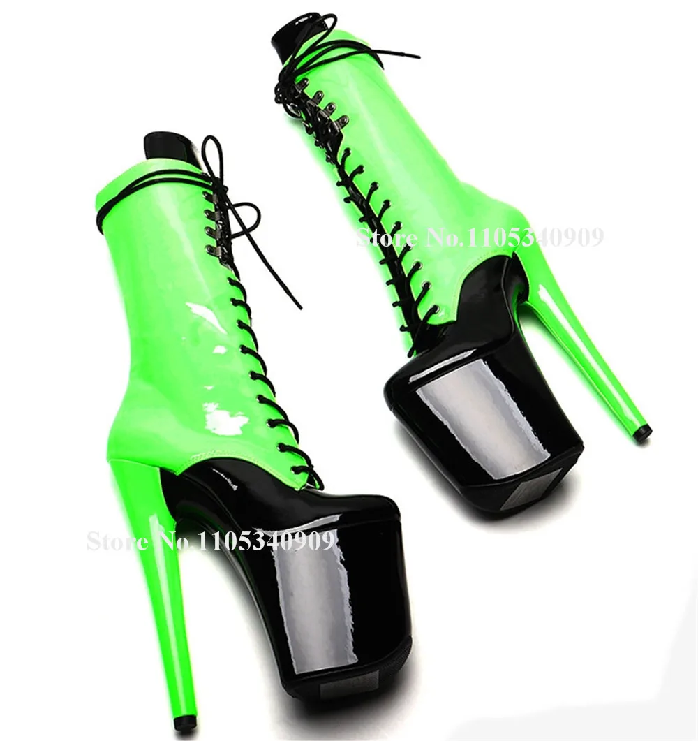 Bondarenko Shining Green-black Patent Leather Thin Heel Ankle Boots Round Toe Lace-up High Platform 20cm Stiletto Dance Shoes