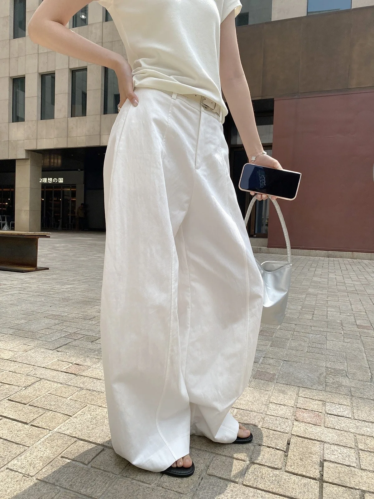 

White Ruffle Wide Leg Pants Casual Summer Slimming Small Size Floor-Length Trousers High Waist Straight Cut Cotton Blend