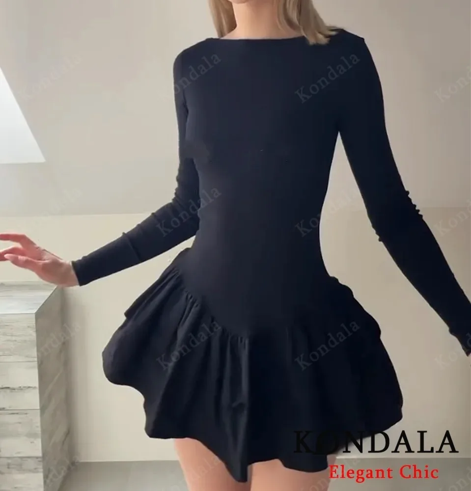 KONDALA فستان نسائي خريفي أنيق بأكمام طويلة وحاشية قابلة للتمدد فستان قصير بني نحيف موضة ربيع 2025 فستان ريترو غير رسمي