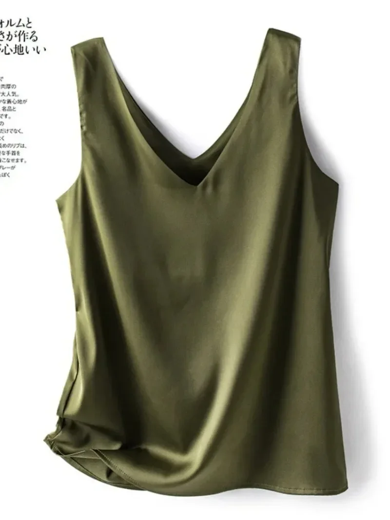 T-shirt élégant en satin de soie pour femmes, débardeurs et camisoles, monochromatique, vert, décontracté, été, 2024