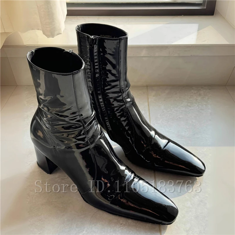 Balck Bright Patent Leather Men Ankle Boots Square Toe High Heels Chelsea Boots Fashion Wedding Party Dress Shoes