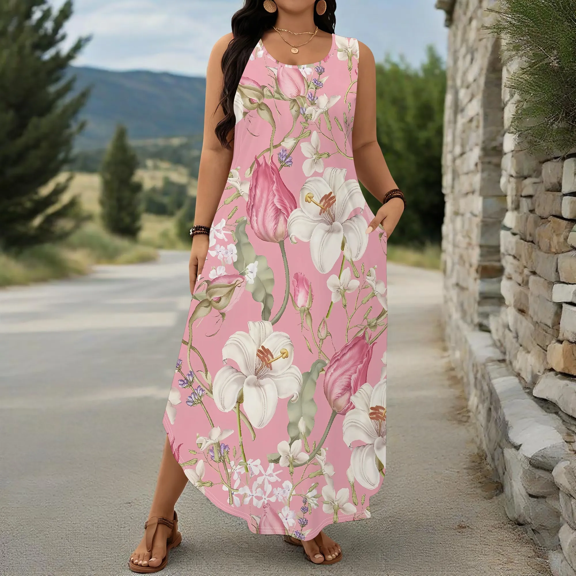 

EQQZD Plus Size Sleeveless Wide-Shoulder Strap Dress, Stylish & Elegant Floral Print Maxi Dress for Women