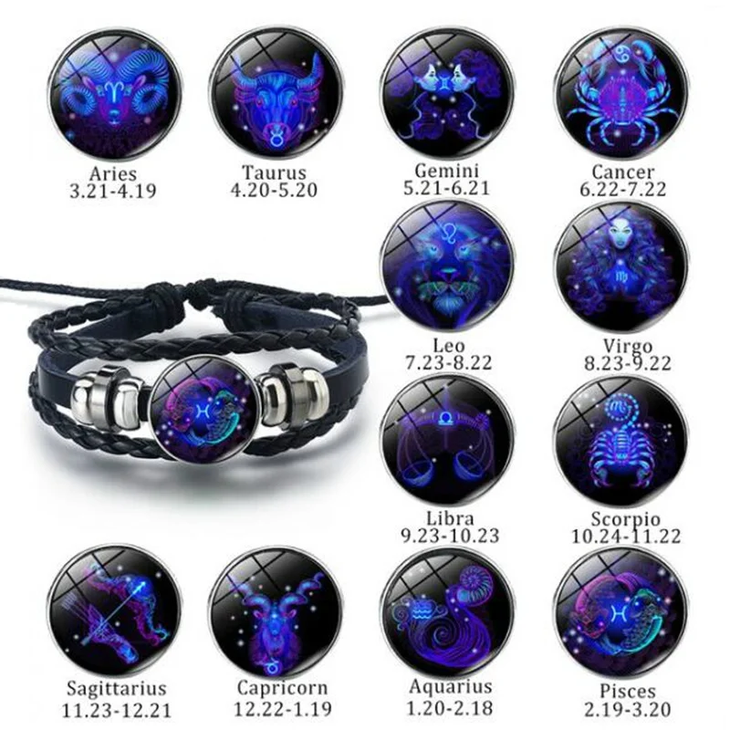12 Constellation Zodiac Sign Bracelets Black Braided Leather Bracelet Woven Glass Dome Jewelry Punk Men Bracelet & Bangle Gift