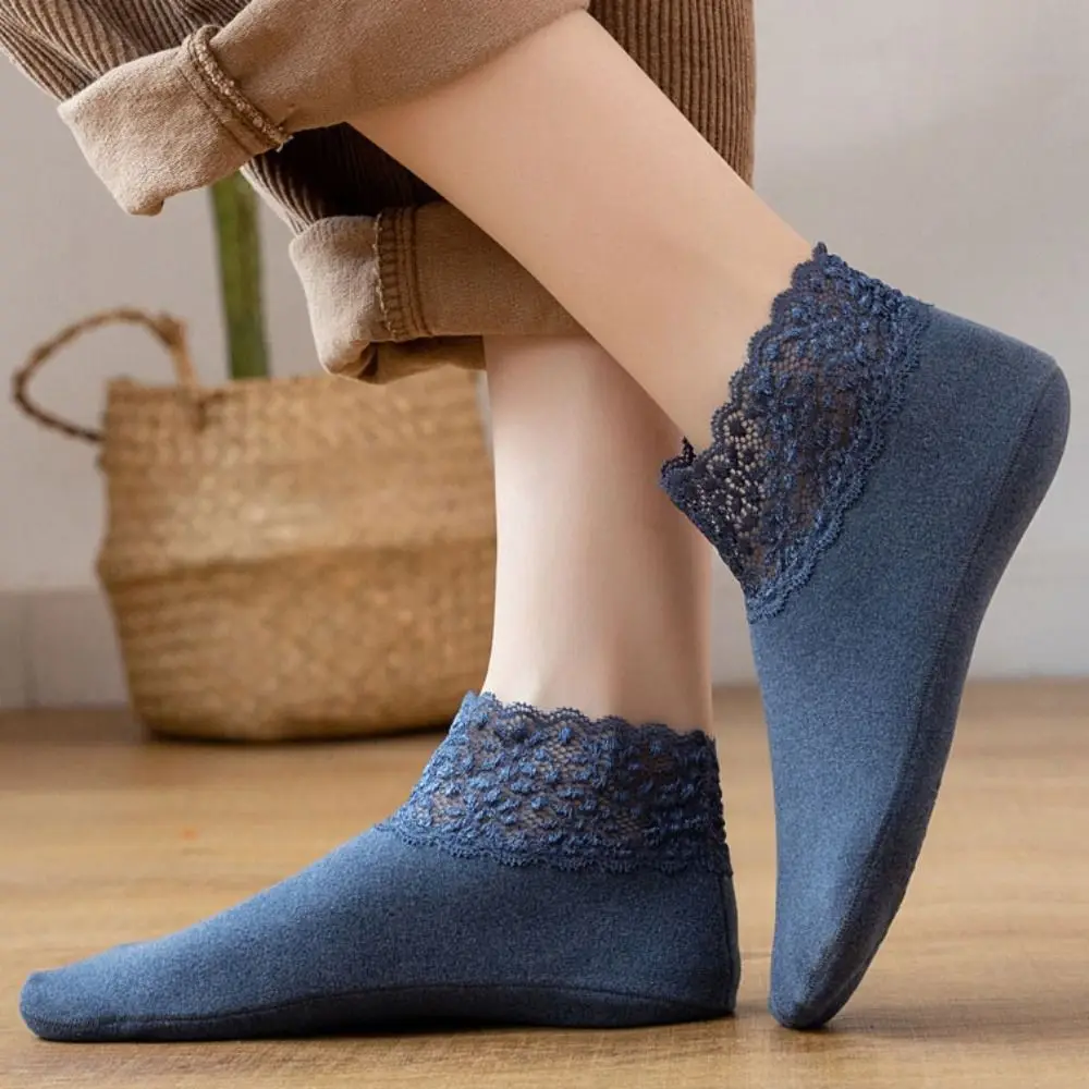 

10Pairs Simple Solid Color Winter Floor Shoes Thicken Plush Lace Socks Indoor Hosiery Home Slippers Student