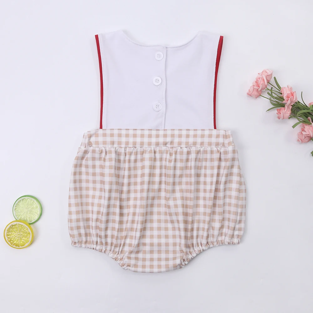 Boutique New Summer Baby Jumpsuit Children's Hot Sell Boys Crewneck Sleeveless Baseball Embroidery Pattern Plaid Khaki Romper