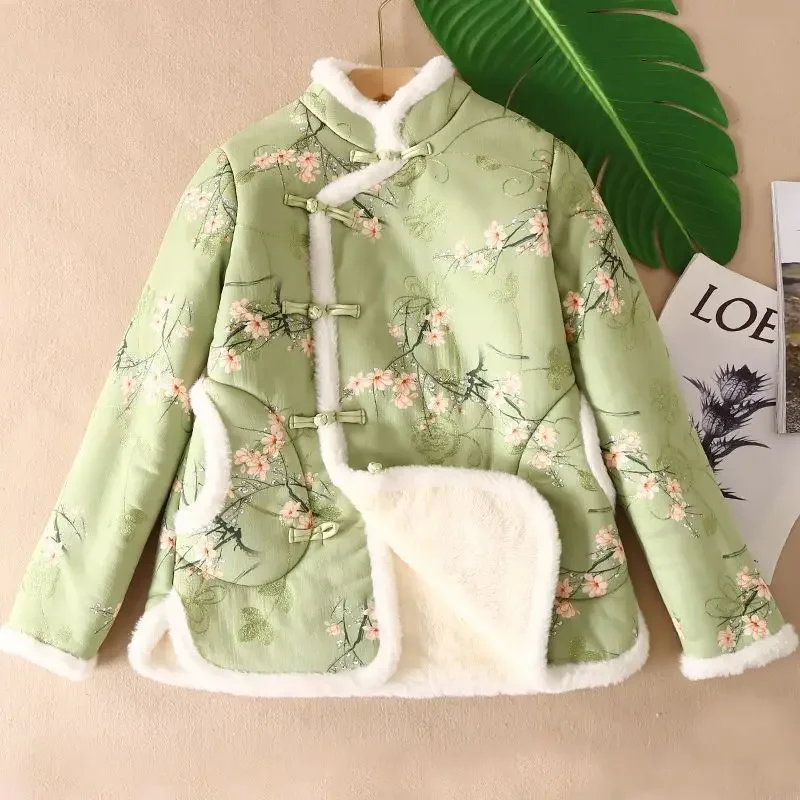 

New Chinese thick plush cotton-padded jacket women's cheongsam collar embroidery buckle fur cotton-padded jacket winter coat