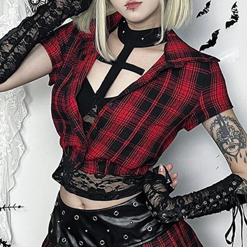 

2025 Subculture Red Plaid Print Aesthetic Grunge Gothic Cropped Tops Kpop Summer All Match Harajuku Hip Hop 2000s Fashion Tees