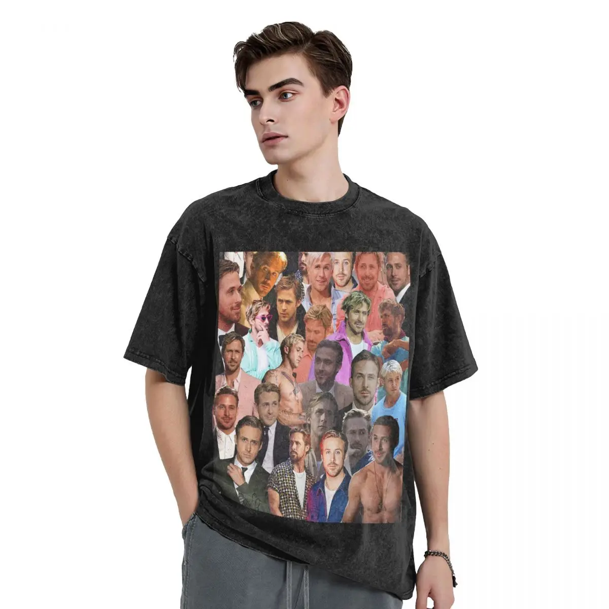 Ryan Gosling Photo Collage Washed T Shirts Vintage Short Sleeve Hip Hop T-Shirt Streetwear Tops Tees for Men Women