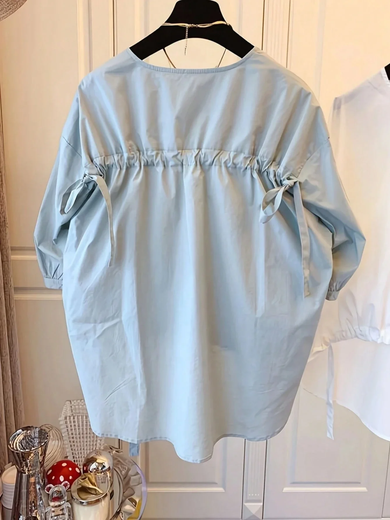 

Women Solid Color Round Neck Lantern Sleeve Casual High Low Hem Blouse Summer