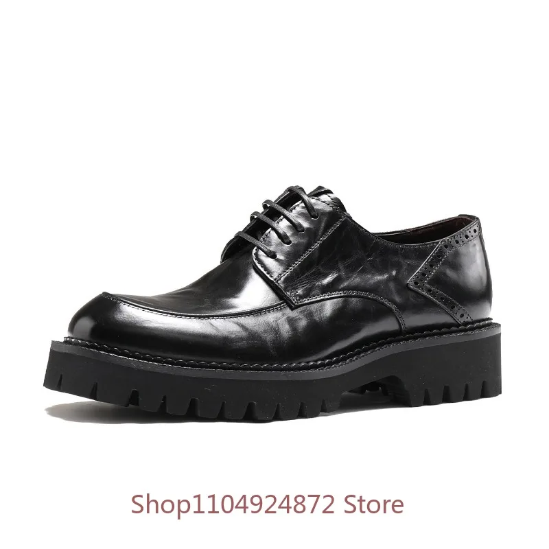 Handmade Genuine Leather Platform Dress Shoes Men's Busines Casual Office Party Wedding Leather Shoes Male Thick Sole Oxfords