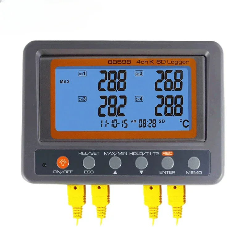 AZ88598 Portable 4 Channel K Type Thermocouple Thermometer SD Card Data Logger Digital Display Temperature Recorder