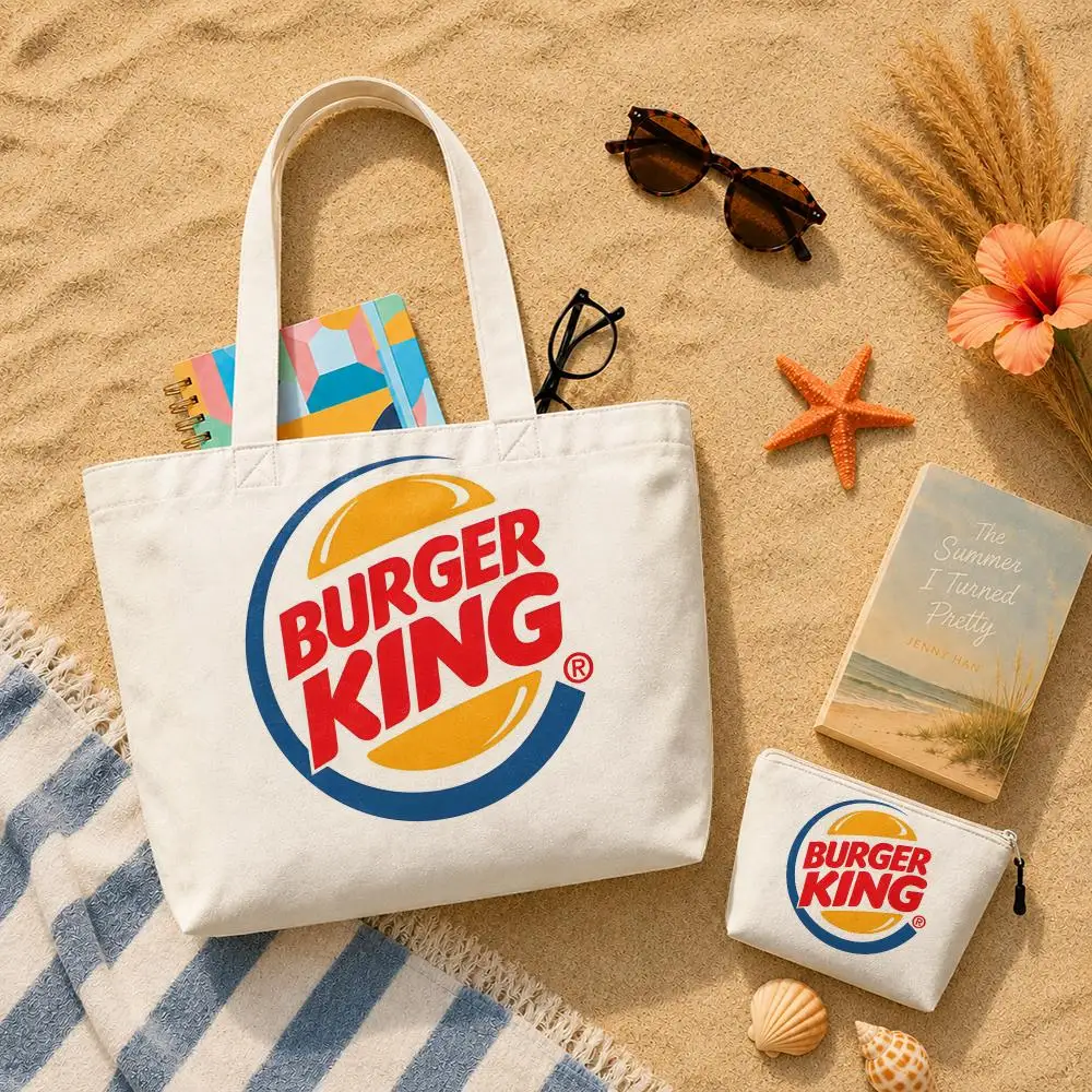 H-Hun Burger King Storage Bags 2-Piece Set Double-Sided Printed Canvas Tote Bags with Zipper Shopping Shoulder Handbags