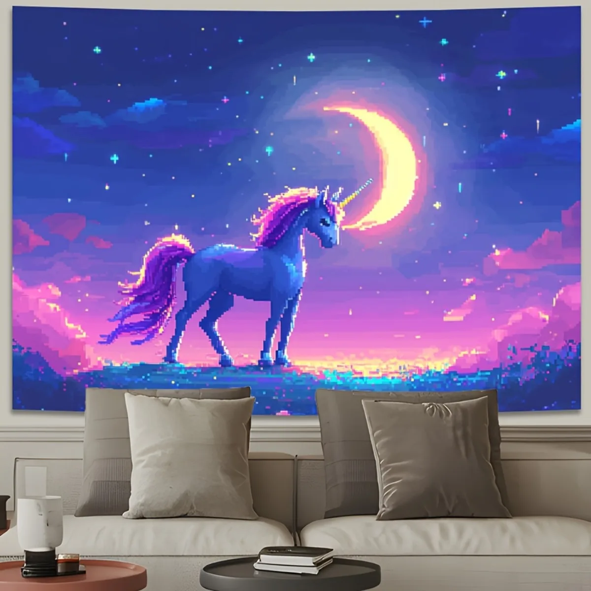Dreamy Unicorn Pixel Art Tapestry Boho Synthwave Aesthetic Magic Wall Hanging Decor Cosmic Unicorn Room Tapestry 180x280cm