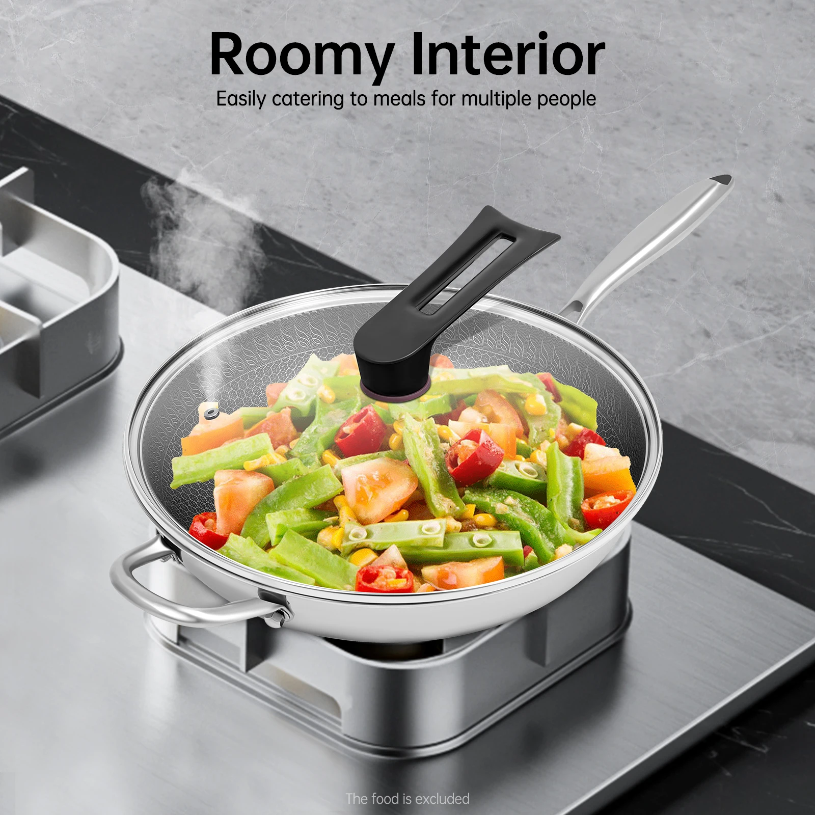 

316Ti Stainless Steel Honeycomb Wok 13.4 Inch Non Stick Frying Pan Induction Cooktop Compatible Gas Stove Modern Kitchen Cookwar