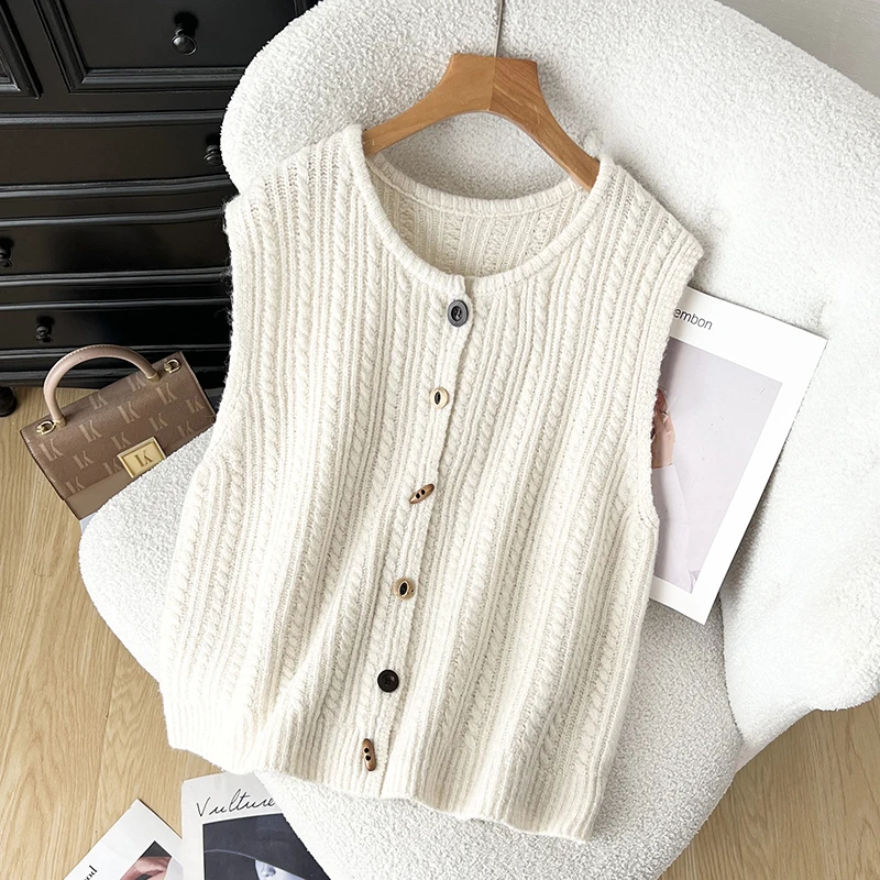 

Autumn Winter Thiened High Densi Knitted Buttonl Vest Women's Loose round Ne Layered Open Cardigan Thin Sle