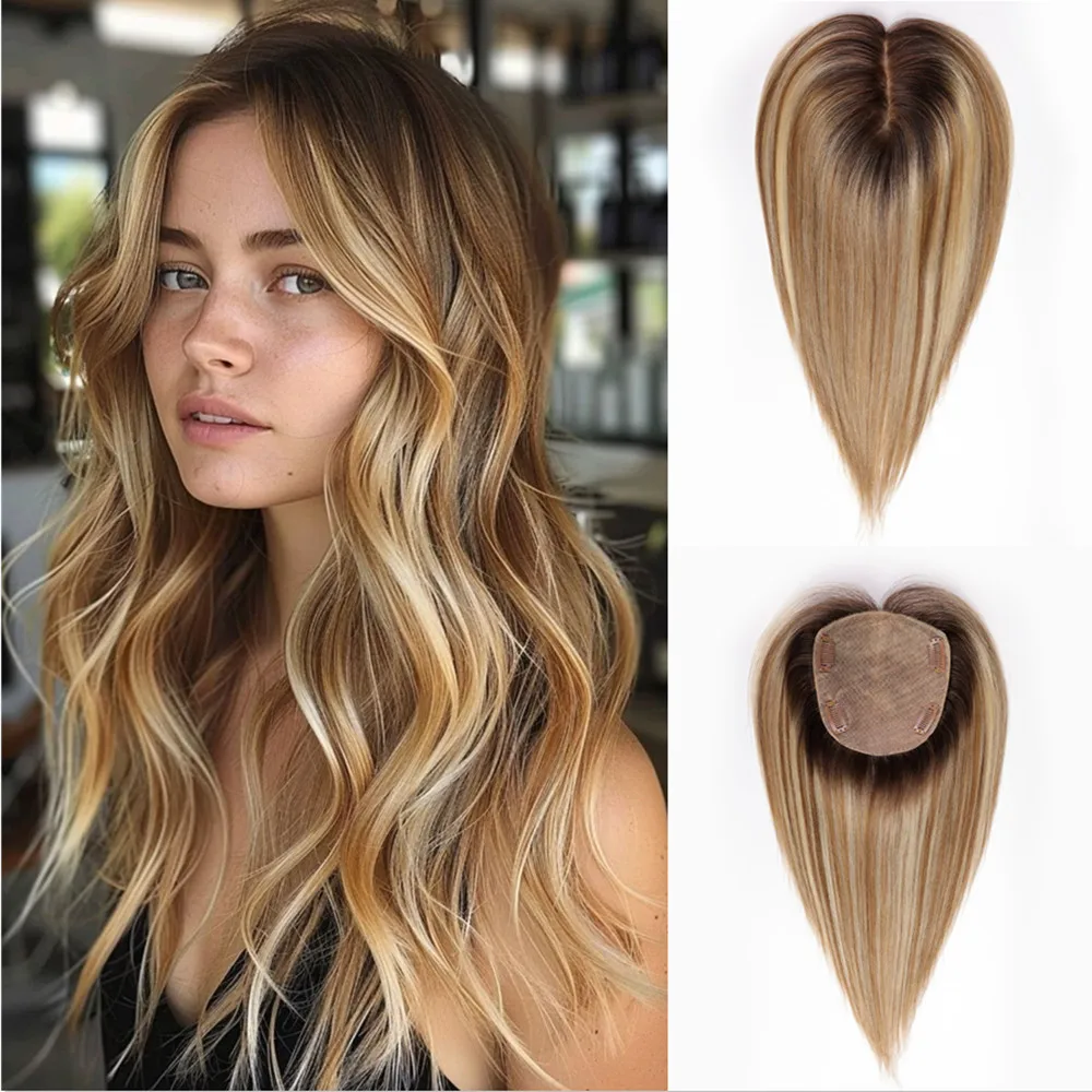 100% Remy Human Hair Toppers Natural Light Brown Highlight Human Hair Pieces for Thinning Hair Ombre Brown Clip in Hair Topper