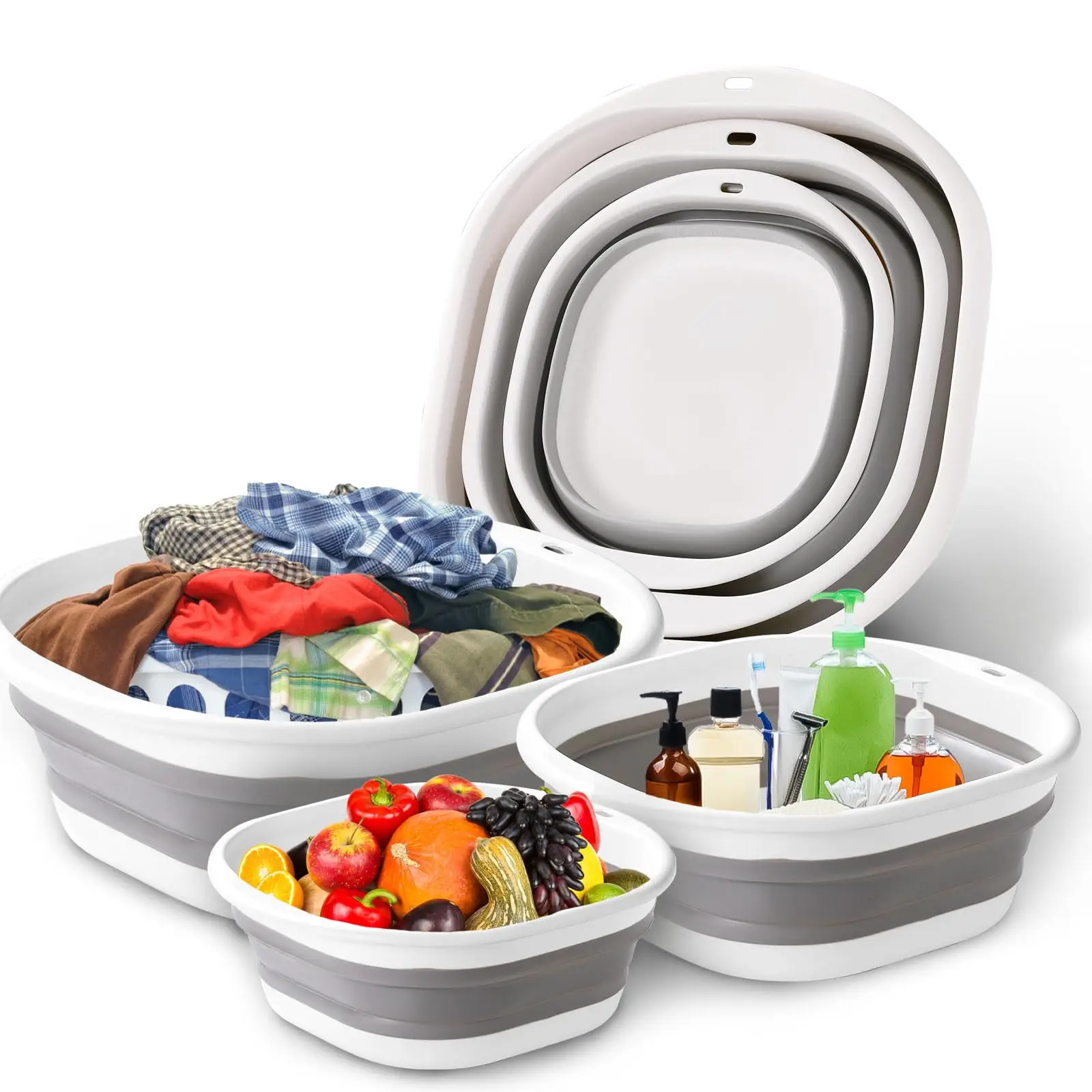 3pcs Foldable Tub Laundry Basket–Space-Saving Storage Container for Dishwashing,Fruit Washing,Camping, Laundry,Hiking & Home Use