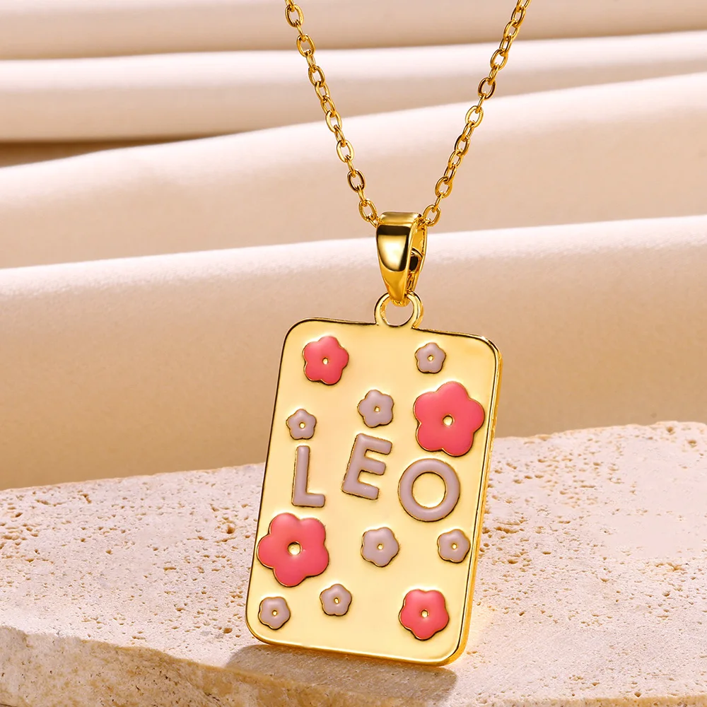 12 Constellation Necklaces for Women Aries Gemini Libra Necklace Square Pendant Floral Heart Element Zodic Sign Jewelry collar