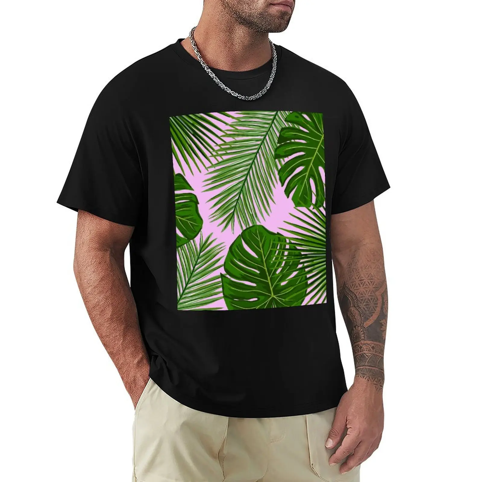 Monstera and Palm Tropical Leaves on Pink T-Shirt Industrial Work Tee Shirt