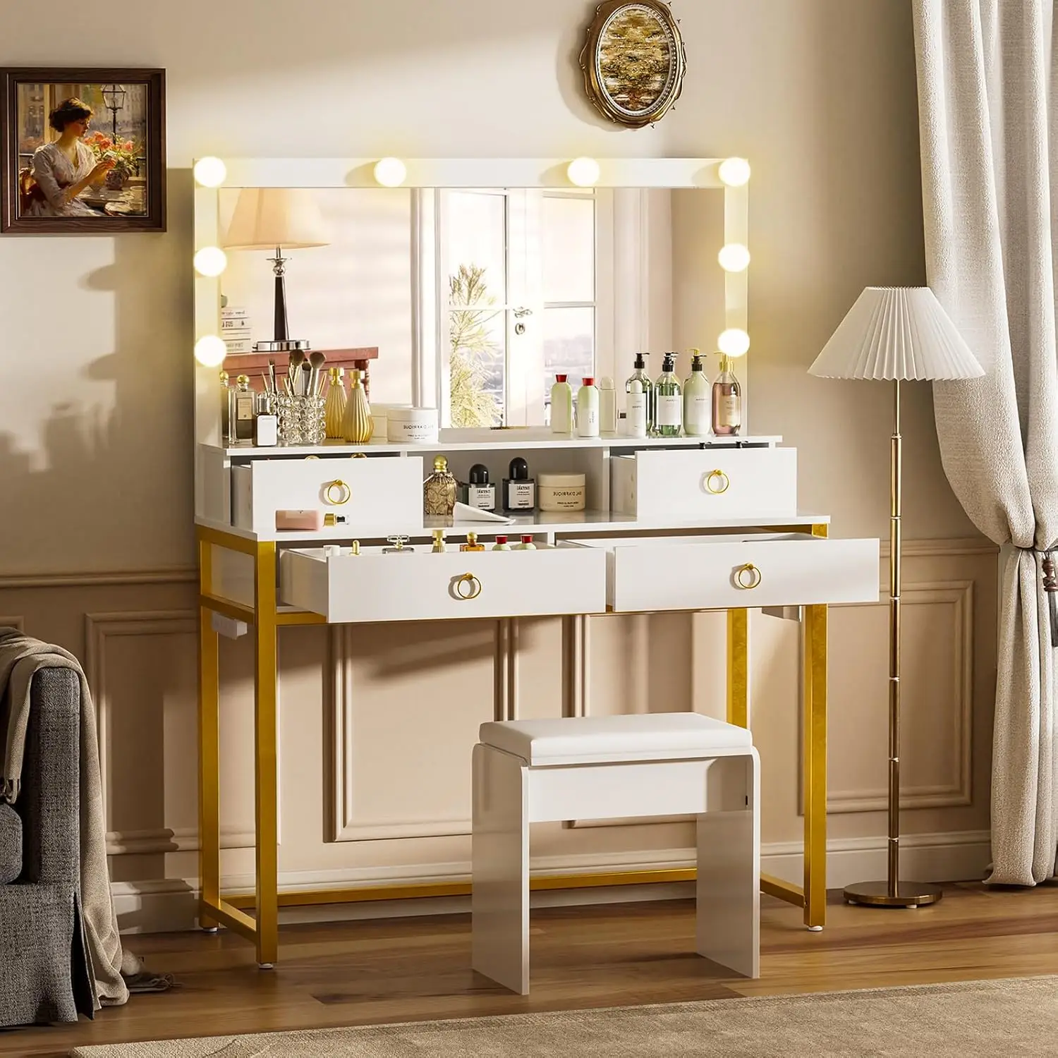 Vanity Desk with Mirror, Lights, and Charging Station - Adjustable Colors, 4 Drawers, Stool Included for Bedroom Decor