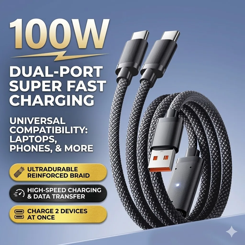 Dual-Port Type-C Cable: One Cable, Two Ports 100W Fast Charging Compatible with Apple iPhone 16/17, Huawei Devices Multi-Port C