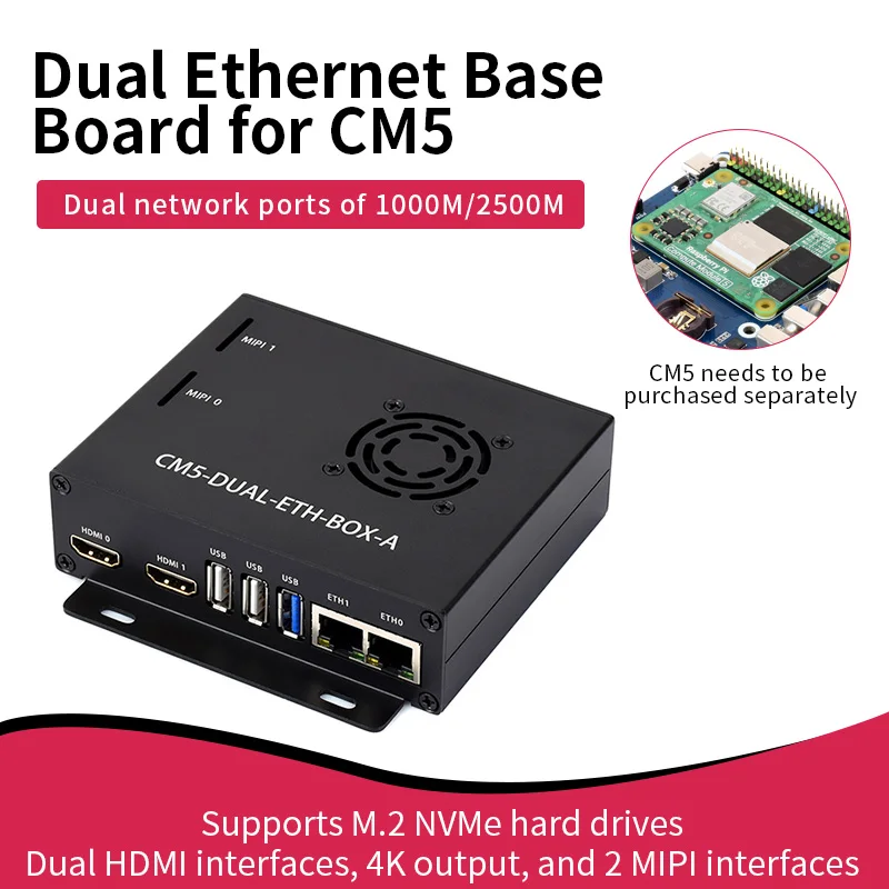 Gigabit / 2.5G Dual Ethernet Base Board For Raspberry Pi CM5. Dual RJ45 Ethernet Ports, Supports Dual 4K Display Outputs