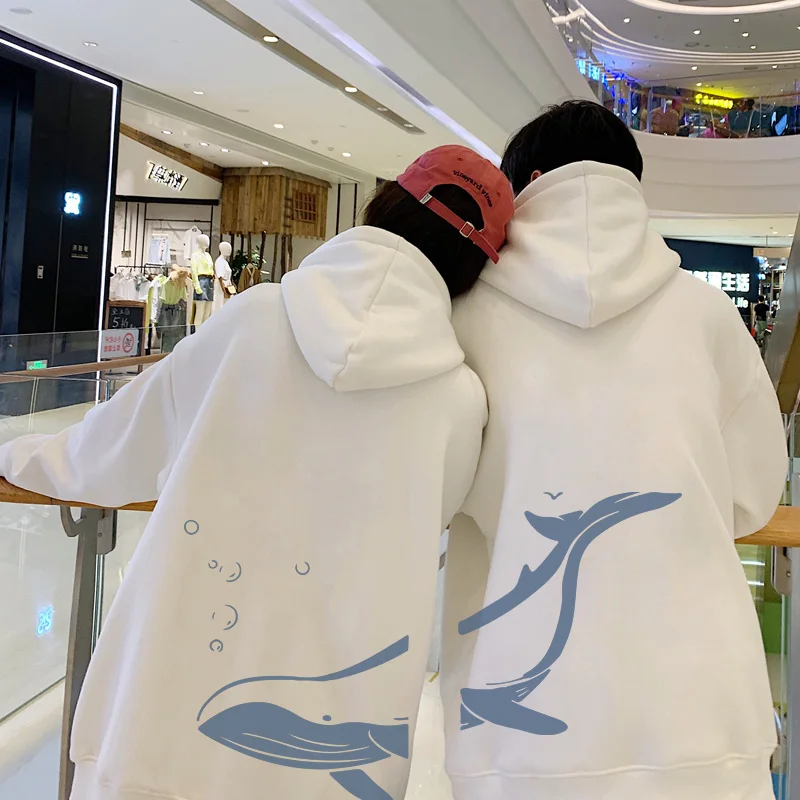 

Whale Dolphin Print Matching Couple Hooded Hoodies Top Men Women Oversize Loose Long Sleeve Pullovers For Boyfriend Girlfriend