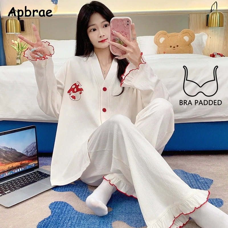 New Autumn Sweet Girl Pajamas with Bra Pads Long Sleeves Full Pants Cardigan Pajama Fashion Lapel Pijamas Soft Woman Nightwear