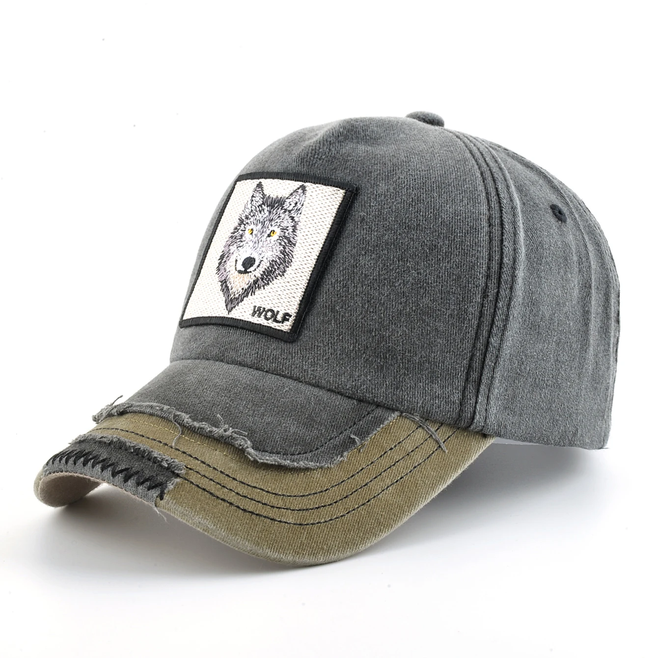 Vintage Denim Baseball Cap With Embroidery Wolf Patch Men Snapback Hip Hop Dad Hats Women Four Seasons Adjustable Sun Visor Cap
